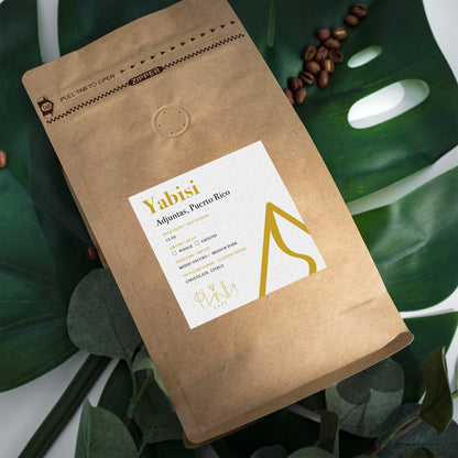 Yabisi Coffee Bag with front label showing on a green leaf